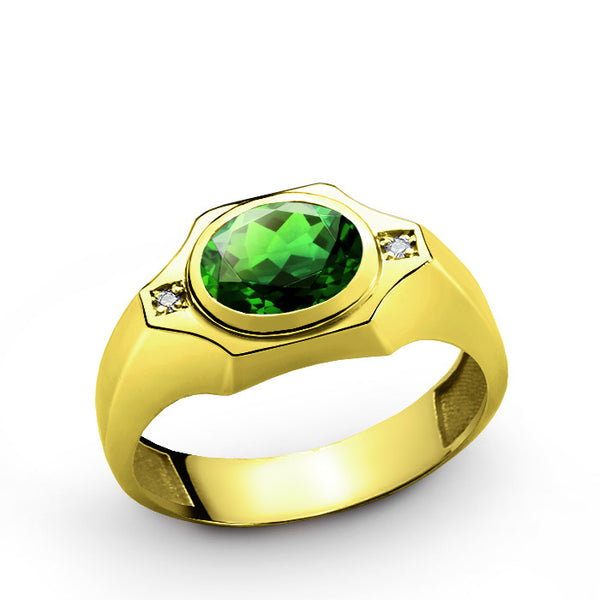 Men's Diamonds Ring with Green Emerald in 14k Yellow Gold