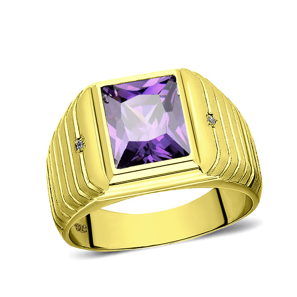 2 Diamond Accents 18K Gold Plated on 925 Solid Silver Mens Purple Amethyst Ring