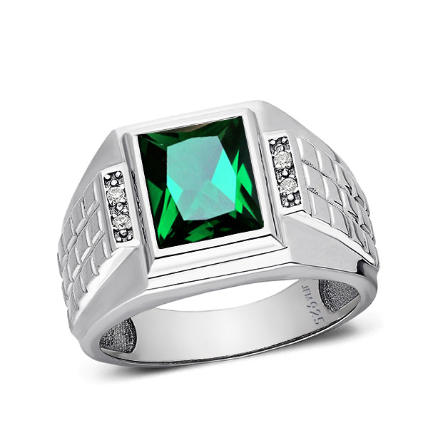 Real 925 Sterling Silver Men's Gemstone Ring with 4 Diamonds