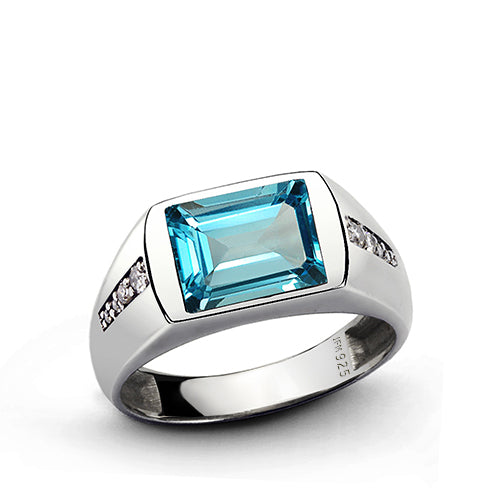 Gemstone Ring for Men with 8 Natural Diamonds in Sterling Silver topaz