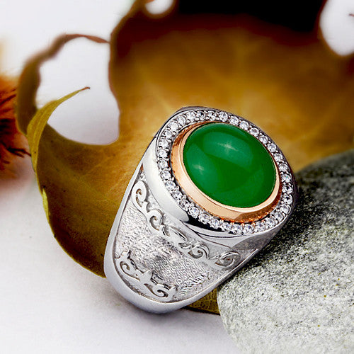Men's Ring with Natural Green Jade Gemstone in 925 Sterling Silver