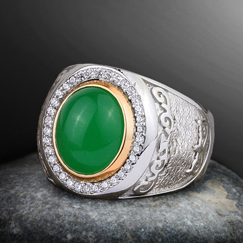 Men s Ring with Natural Green Jade Gemstone in 925 Sterling Silver