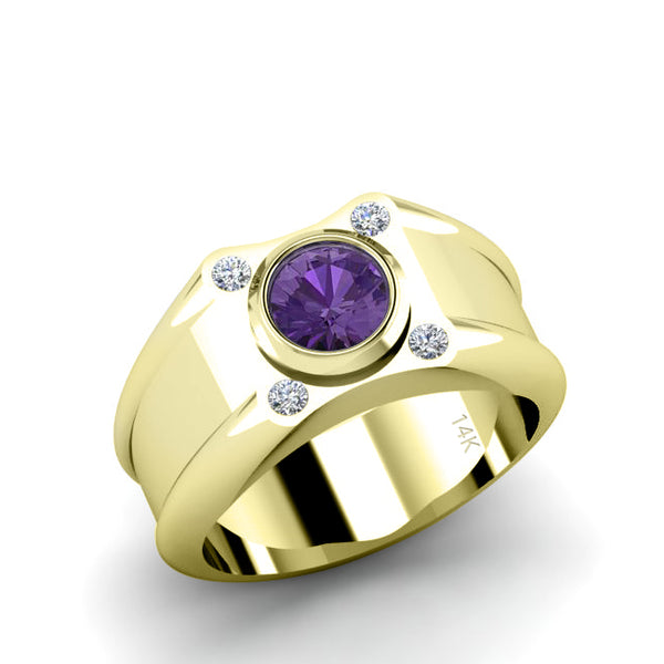 Amethyst Minimalist Ring for Man in Solid 14K Yellow Gold with 4 Diamonds Aquarius Gift for Him