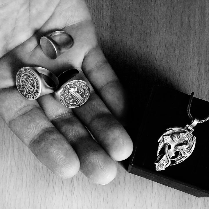 Saint Benedict Exorcism Ring Cross Signature Men's Signet Ring Solid 925 Silver