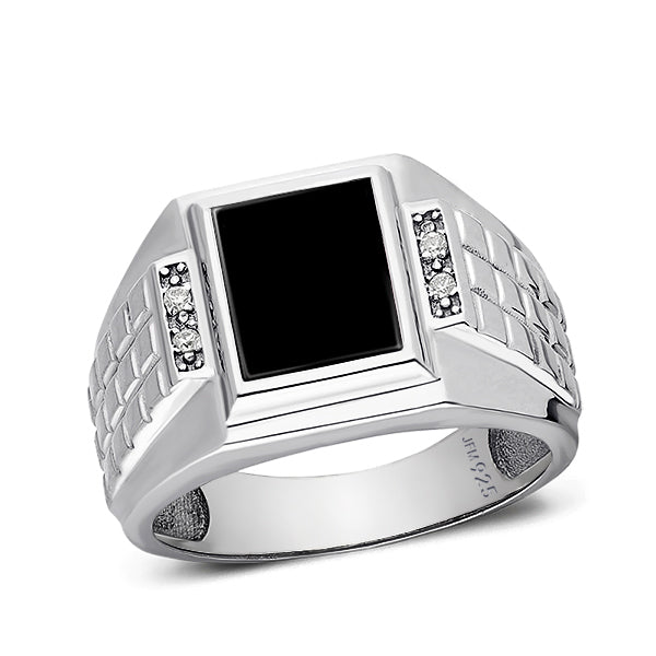 Flat Stone Men's Elegant Design Ring with 4 Genuine Diamonds