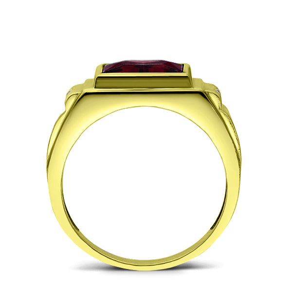 18K Solid Yellow Gold Jewlery Red Ruby Mens Ring with 2 Natural Diamonds Accents