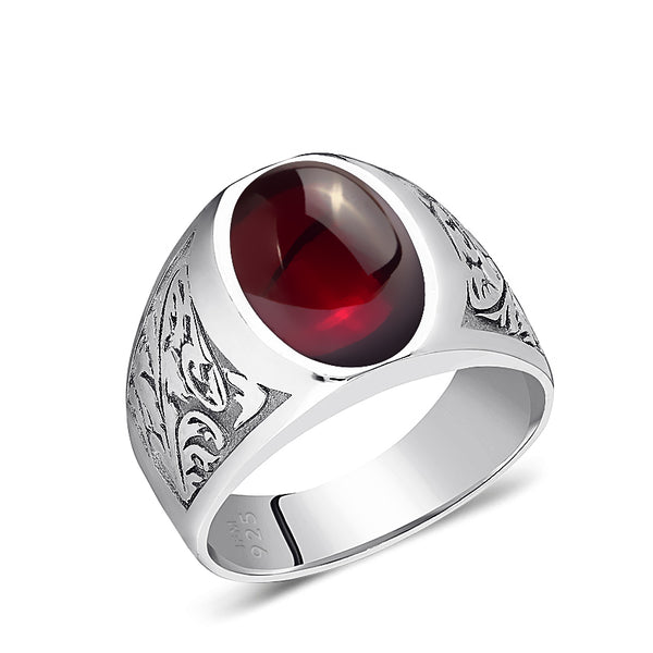 Red Garnet Men's Big Ring In Sterling Silver 