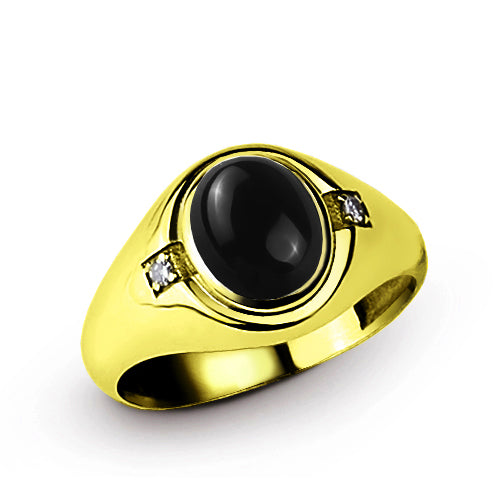 14k Fine Solid Gold with Oval Black Onyx and 2 DIAMOND Accents in Classic Mens Ring