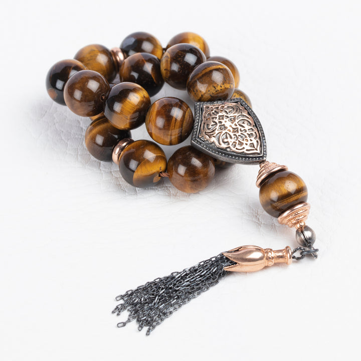 Muslim Rosary 14mm Round Tiger's Eye Beads Tasbih with 925 Silver Islamic Gift