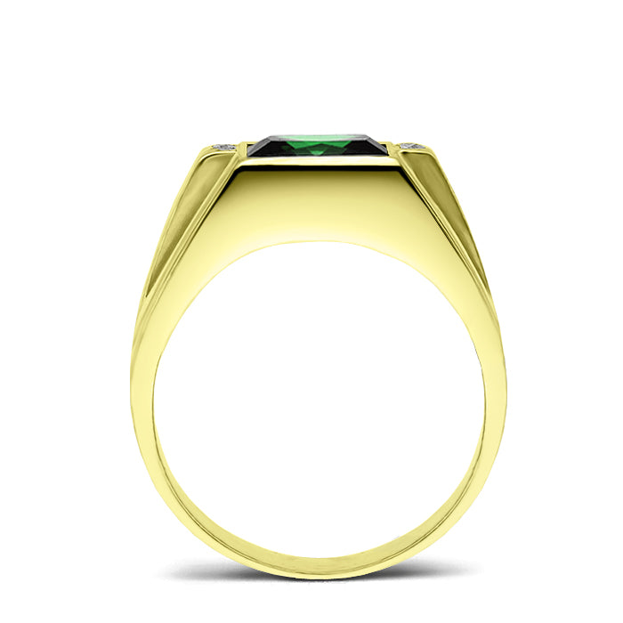 18K Gold Plated 925 Solid Silver Mens Green Emerald Ring 4 Diamond Accent