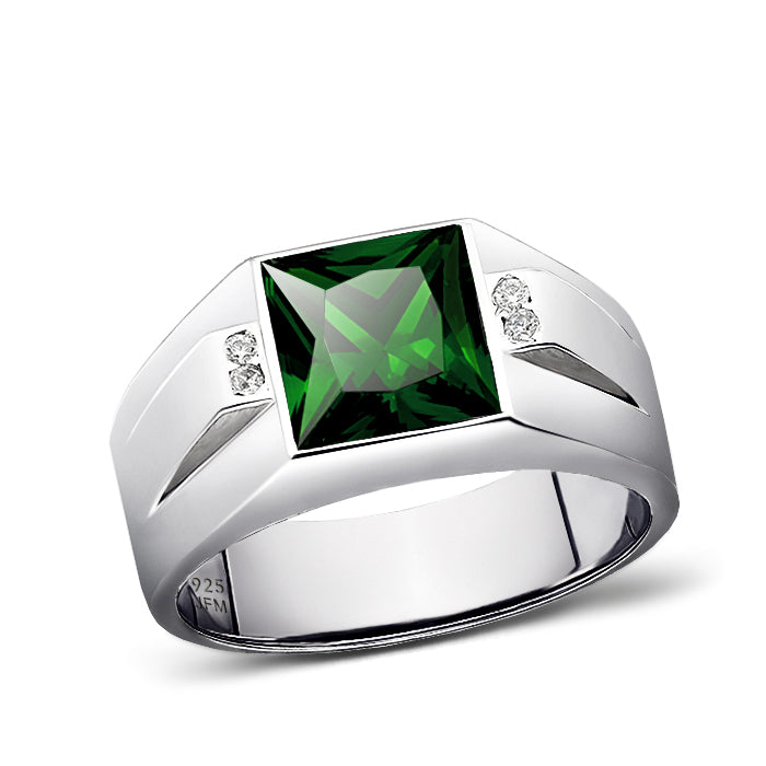 Gemstone Wide Band Ring for Men with 4 Genuine Diamonds emerald