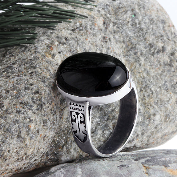 Art Deco Ring for Men 925 Silver with Natural Stone