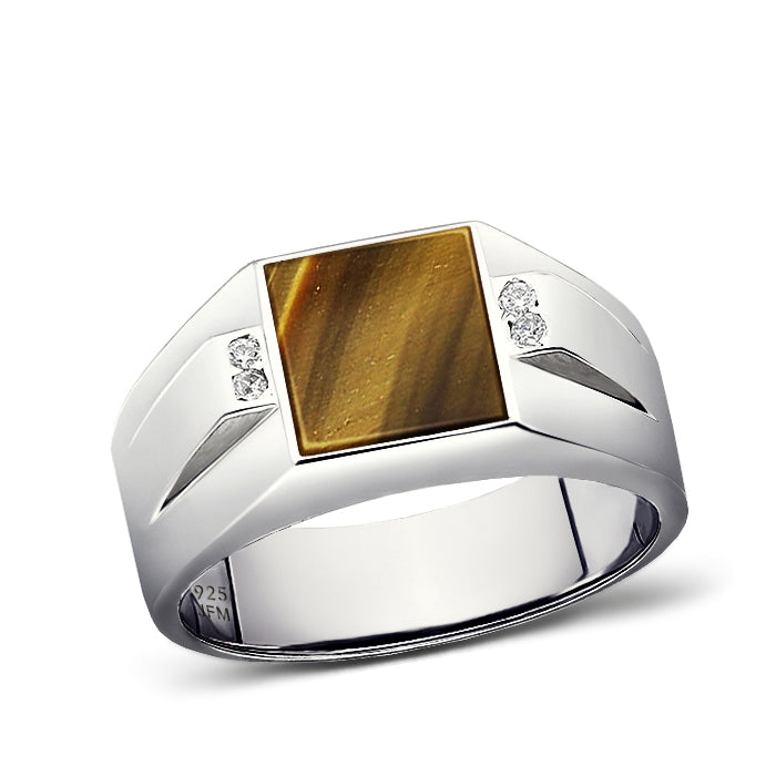 925 Silver Ring for Men with Square Natural Stone & Diamonds | JFM Tiger's Eye