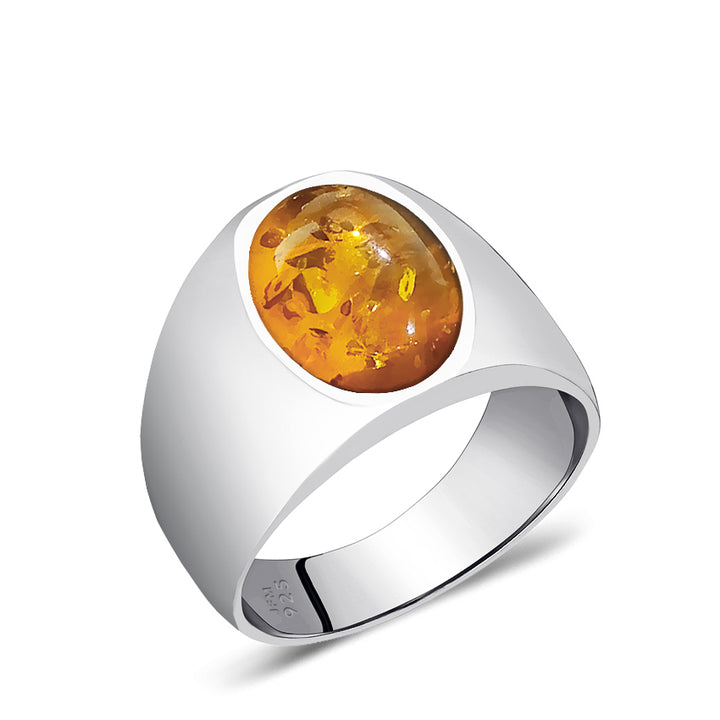 natural amber ring for men solid silver