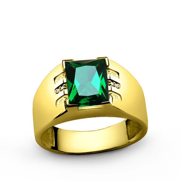 Men's Emerald Ring with Natural Diamonds in 10k Yellow Gold, Statement Ring for Men
