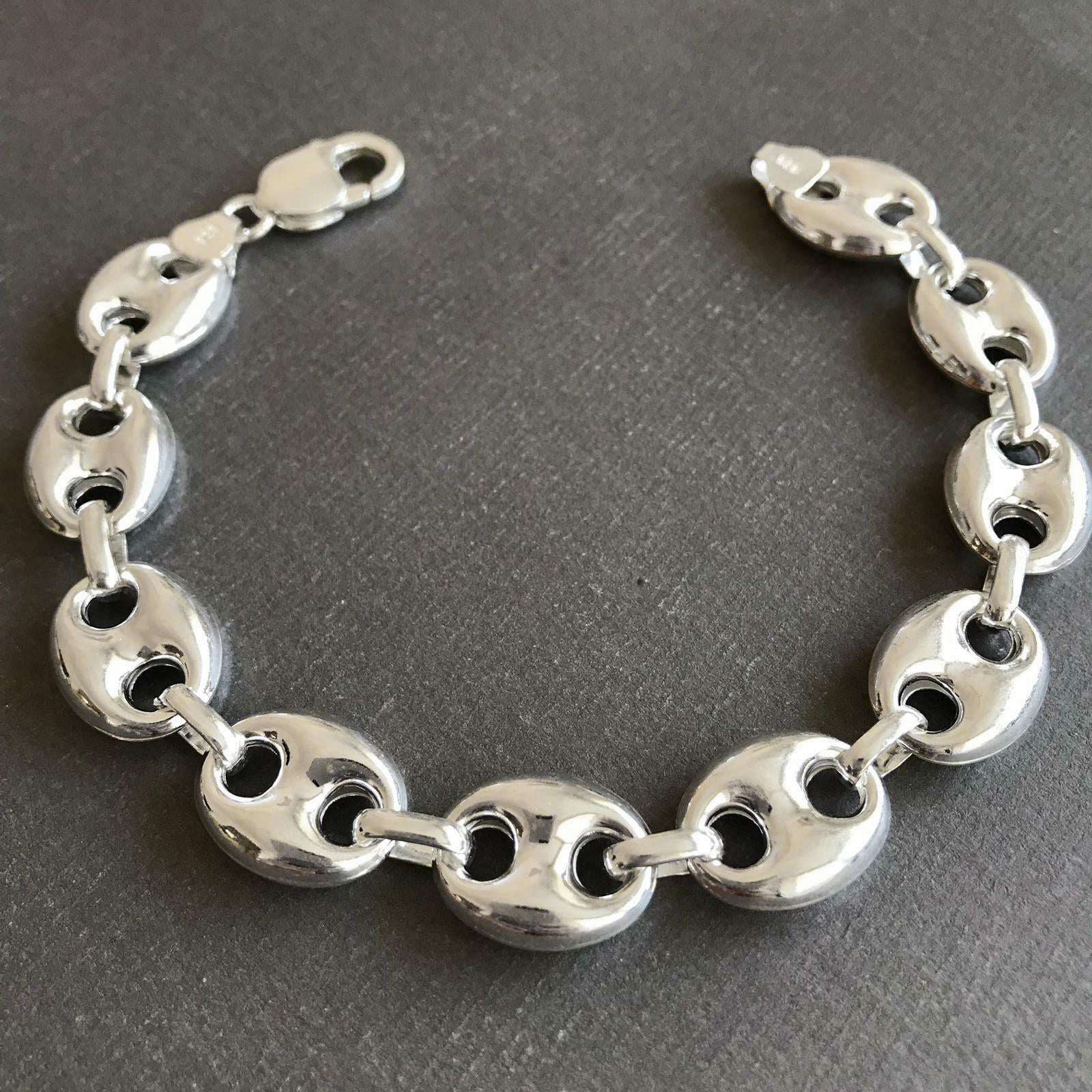 925 Sterling Silver Men's Puffed Mariner Chain Bracelet 14mm