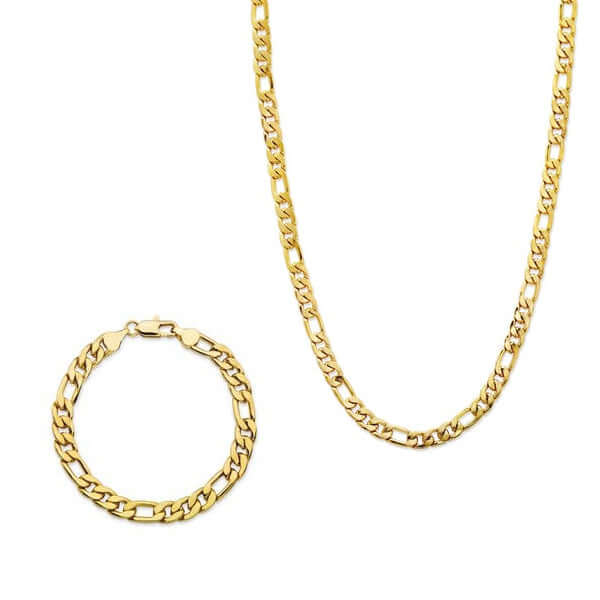 Figaro Chain Men's Necklace and Bracelet Set Gold-Plated Silver