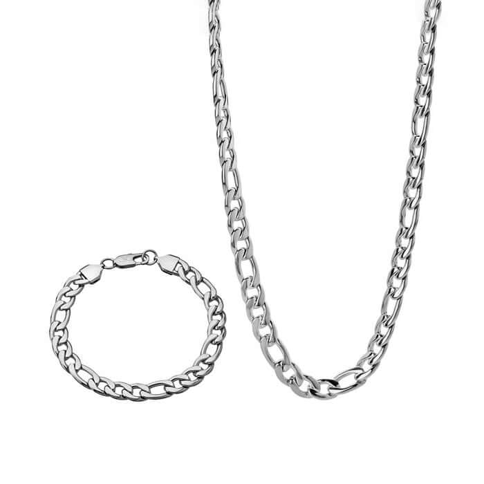 Solid Sterling Silver Figaro Chain Men's Necklace Bracelet Set