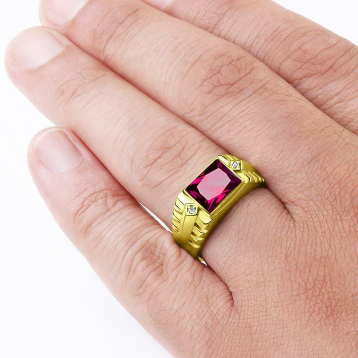 18K Gold ring for Men with Red Ruby and 2 Real Diamond Accents