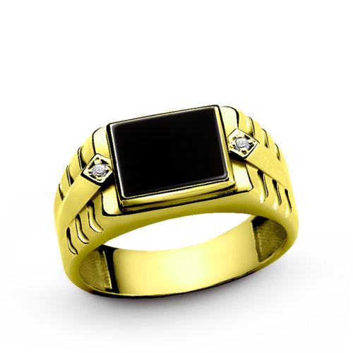 14K Solid Yellow Gold Ring for Men with Natural Onyx Gemstone and 2 Real Diamond