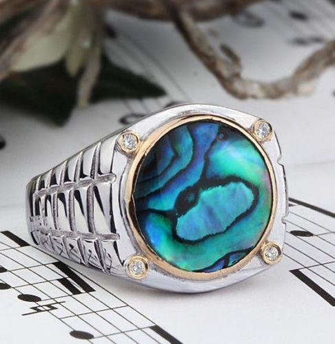 Watch Band Men's Ring with 4 Genuine Diamonds and Abalone In 925 Sterling Silver