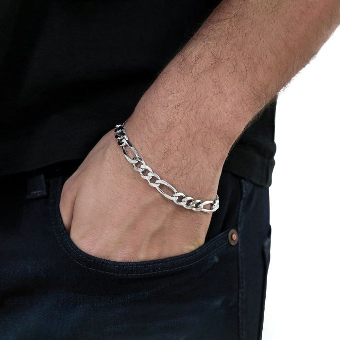 7mm Men's Real Solid 925 Sterling Silver Figaro Chain Bracelet | JFM 7.5 (19cm)