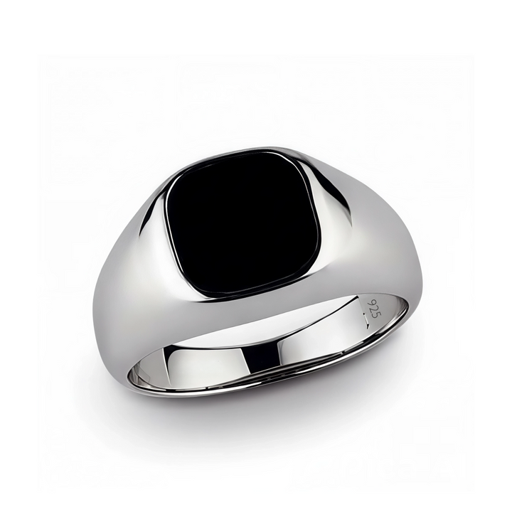 925 silver ring with a black onyx stone on a white background