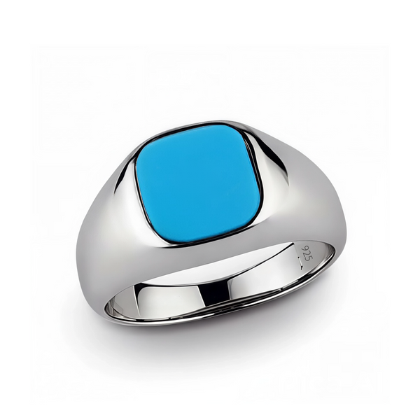 Sterling silver ring with a blue turquoise on a white background