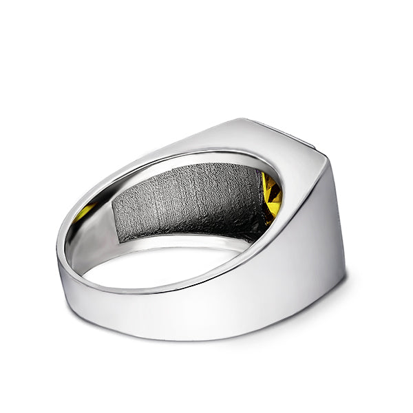 Solid 14K White Gold Citrine Mens Ring 0.06ct Natural Diamonds Ring for Men