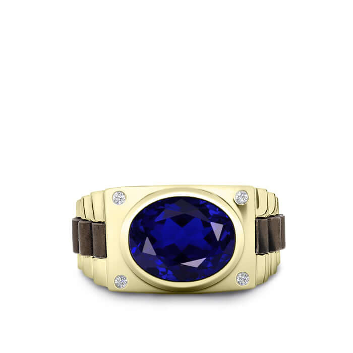 Sterling Silver Blue Sapphire Ring for Man Gold Plated Band with Natural Diamonds 25th Anniversary Gift