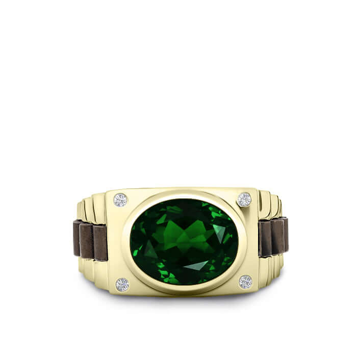 Men's Silver Ring with Green Stone and Natural Diamonds Yellow Gold Plated Fine Jewelry