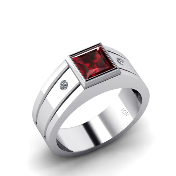 Men's Red Stone Ring SOLID 10k White Gold and 2 Real Diamonds Personalized Wedding Band
