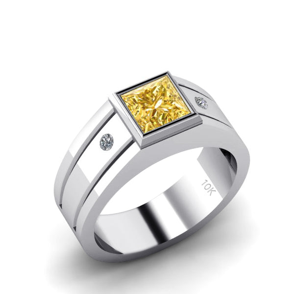 Men's Gold Pinky Ring Square Yellow Citrine with 2 Real Diamonds Wide Band Gemstone Ring