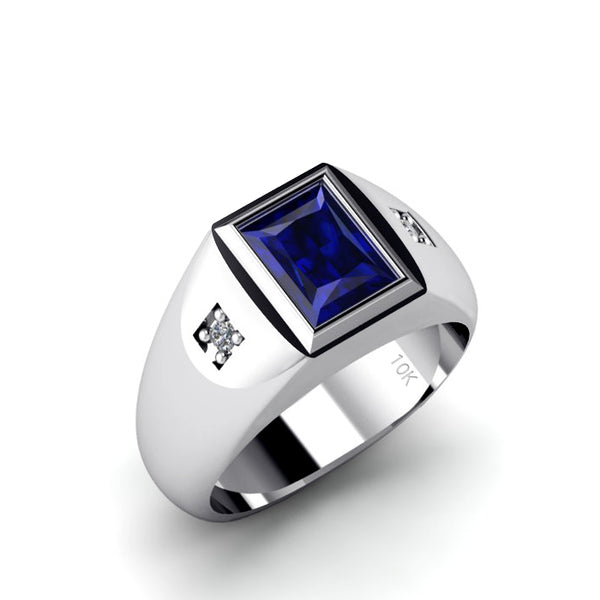 Solid Gold Signet Ring 2.40ct Blue Sapphire and Natural Diamonds Birthstone Ring for Man