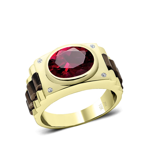 Male Engagement Ring in Solid Gold 0.08ct Natural Diamonds and Oval Ruby 5 Stone Men's Band