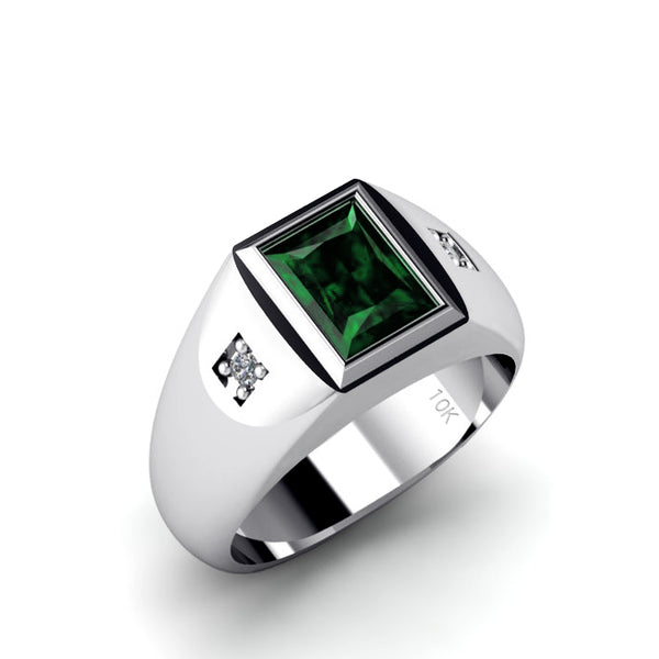 Green Stone Gents Ring in Solid 10K White Gold with Natural DIAMONDS Modern Men's Jewelry