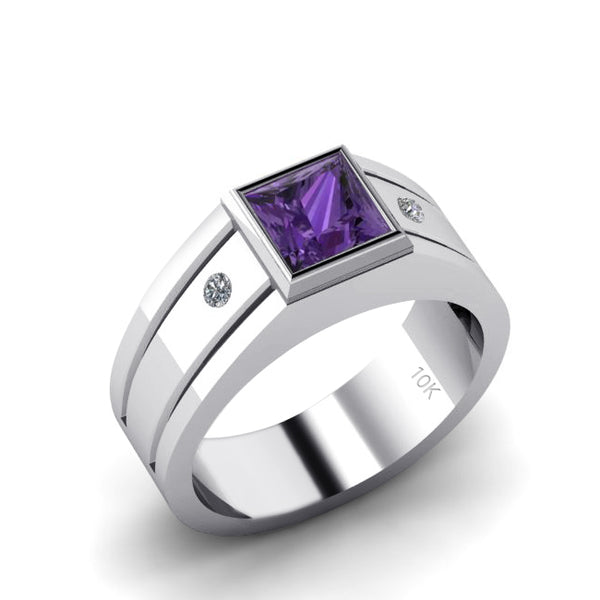 Unique Men's Wedding Band in 10K White Gold Amethyst and Diamonds Pinky Ring Gift