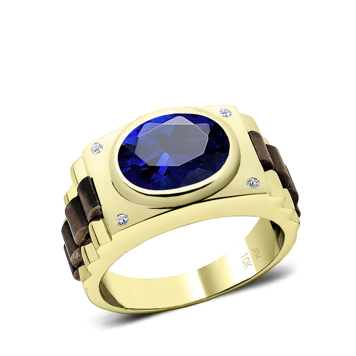 Sterling Silver Blue Sapphire Ring for Man Gold Plated Band with Natural Diamonds 25th Anniversary Gift