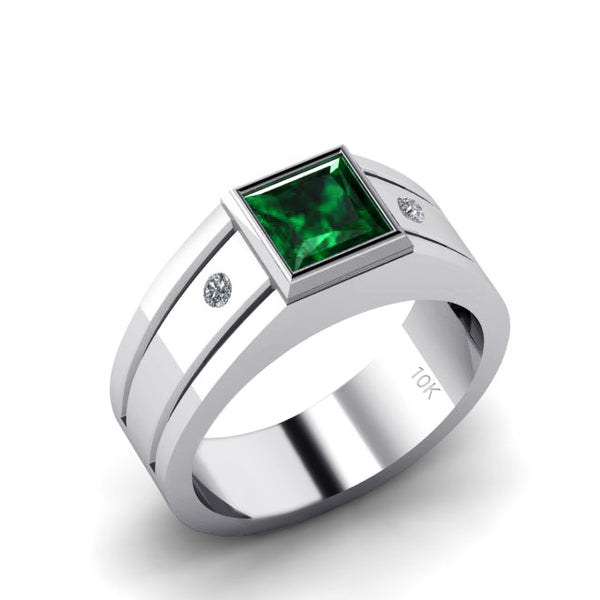 Men's Ring with Emerald and 2 Real DIAMONDS in 10k White Gold Wide Band Single Stone Ring