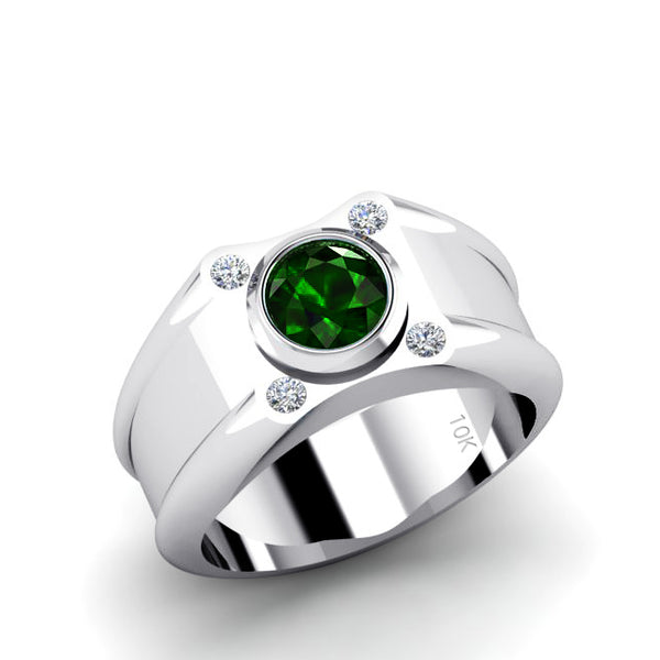 Gold Pinky Ring 4 Natural DIAMONDS and Green Emerald Personalized Engagement Ring for Man