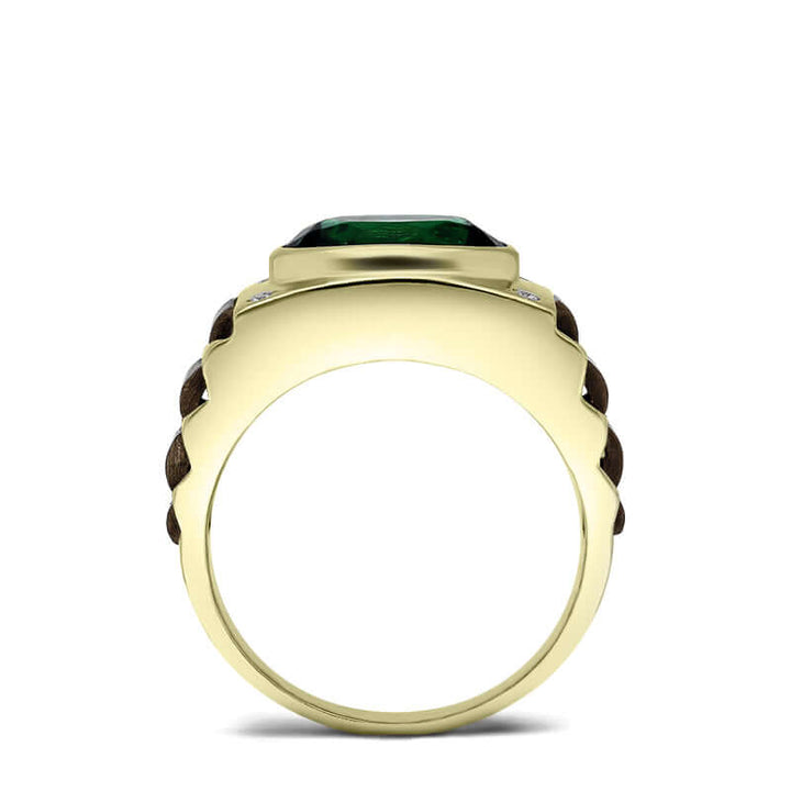 Men's Silver Ring with Green Stone and Natural Diamonds Yellow Gold Plated Fine Jewelry