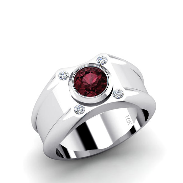 Men's Wedding Ring Ruby 1.70ct in SOLID 10k White Gold with 4 Diamonds Modern Band for Man