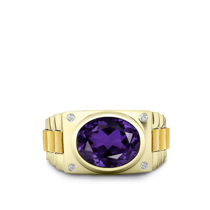 925 Sterling Silver Diamond Ring for Man Gold Plated Band 12x10 mm Oval Amethyst Male Gift