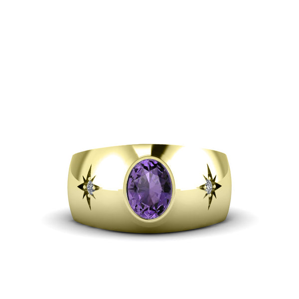 Man Ring with GENUINE Diamonds and Amethyst in Yellow Gold Plated Solid Silver Aquarius Gift