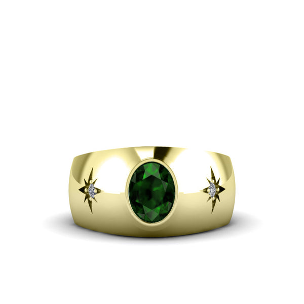 Gemstone Ring for Man in Yellow Gold-Plated Silver with 0.06 ct Diamonds and Emerald