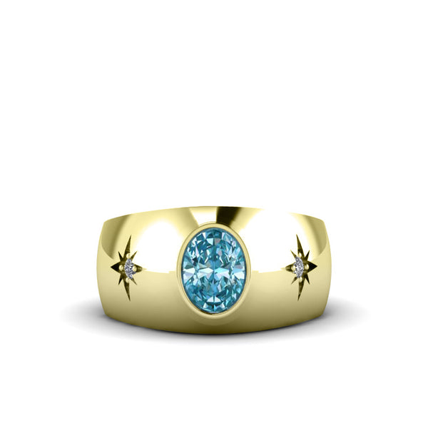 Men's Diamond Ring Yellow Gold-Plated Silver with Aquamarine Gemstone Engagement Ring