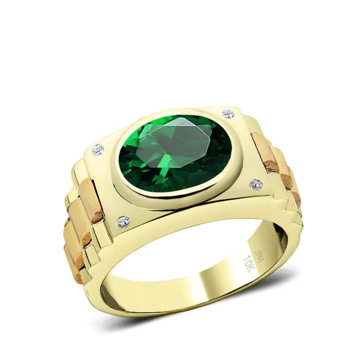 Men's Silver Ring with Green Stone and Natural Diamonds Yellow Gold Plated Fine Jewelry