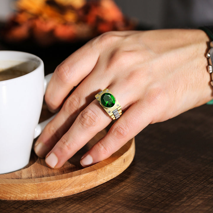 Men's Silver Ring with Green Stone and Natural Diamonds Yellow Gold Plated Fine Jewelry