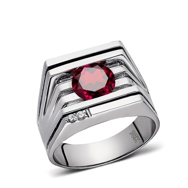 Solid 10K White GOLD Mens Ring REAL with Red Ruby and DIAMONDS Accents