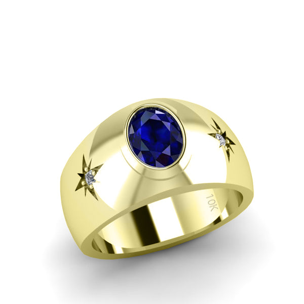 Blue Sapphire Solitaire Ring for Man with Diamond Accents 10k Gold Anniversary Ring Gift for Boyfriend